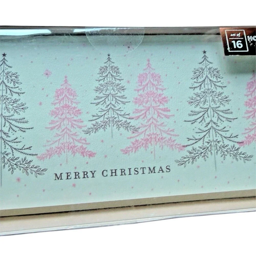 Elum Holiday Christmas Cards and Envelopes Pink Trees Set of 16 Merry Christmas